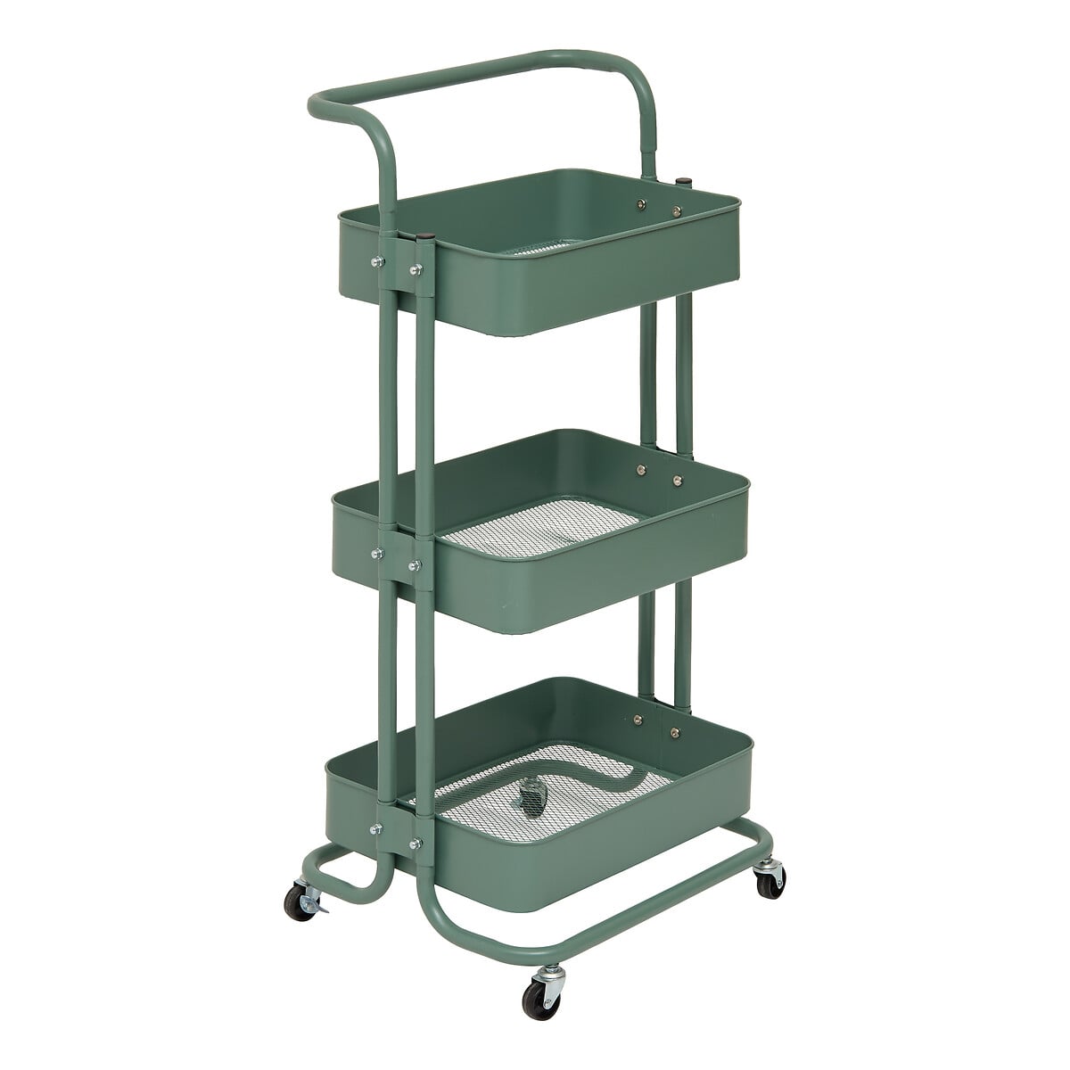 Carrito auxiliar verde de metal con 3 niveles