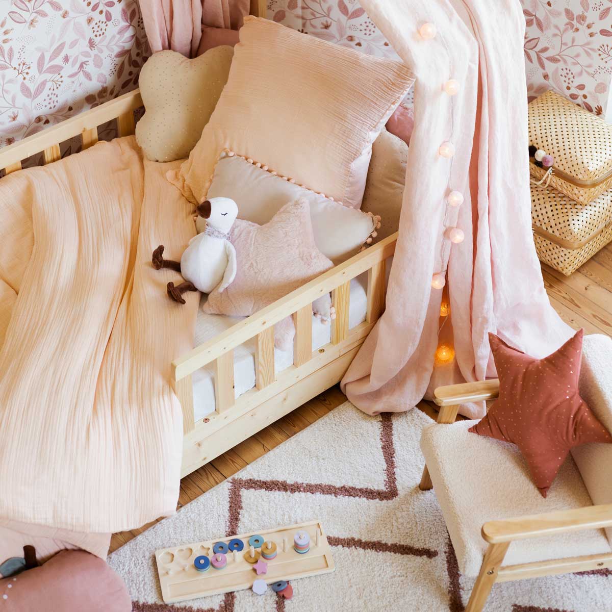 Juego funda nórdica y funda de cojín de gasa rosa