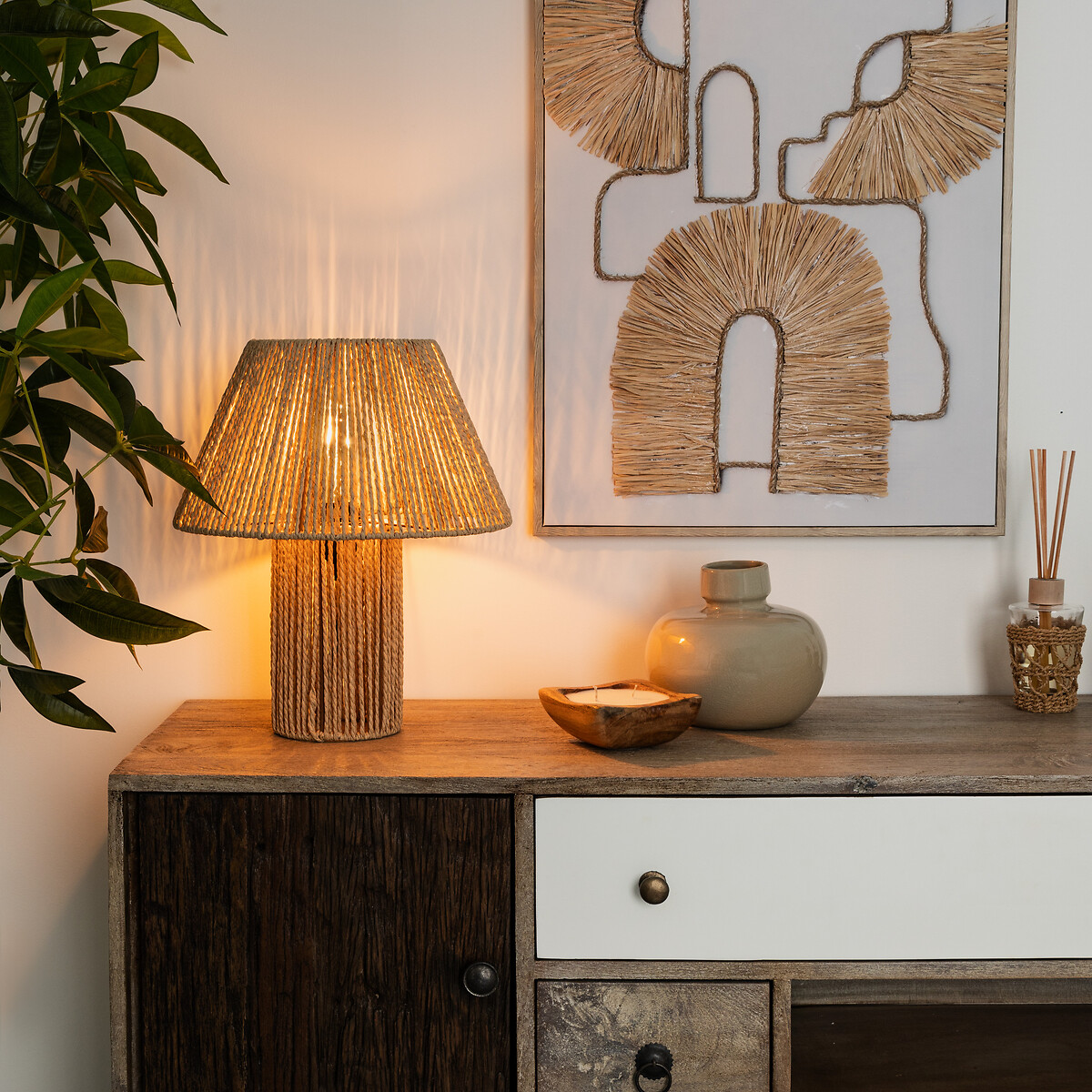 L&aacute;mpara De Mesa Adria Beige De Cuerda