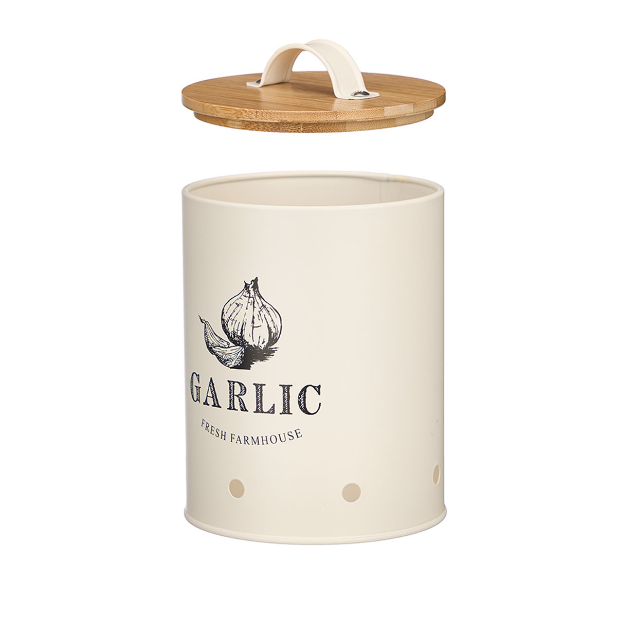 Caja para ajos crema met&aacute;lica con tapa de bamb&uacute;