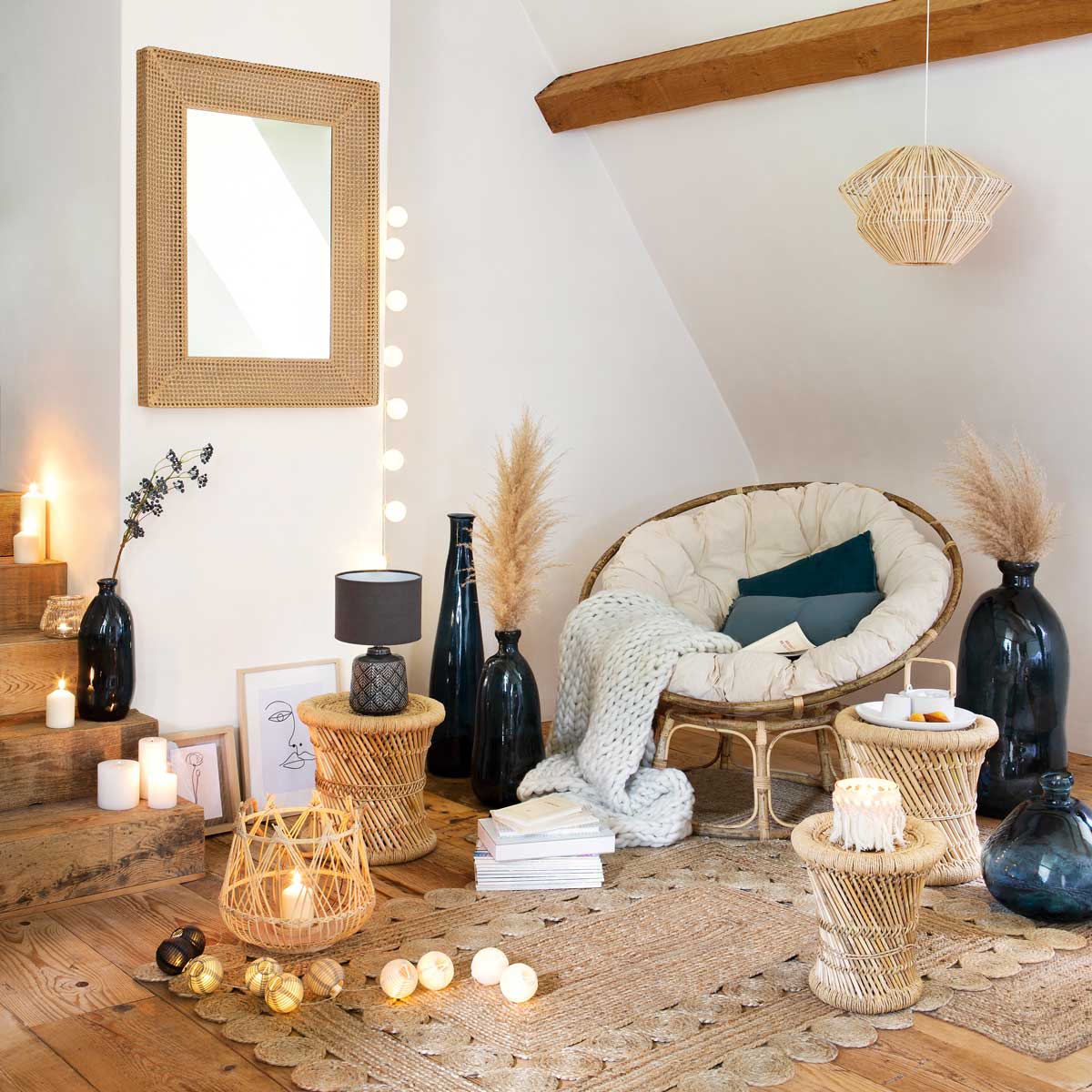 Taburete beige de bamb&uacute; y cuerda 32Cm 