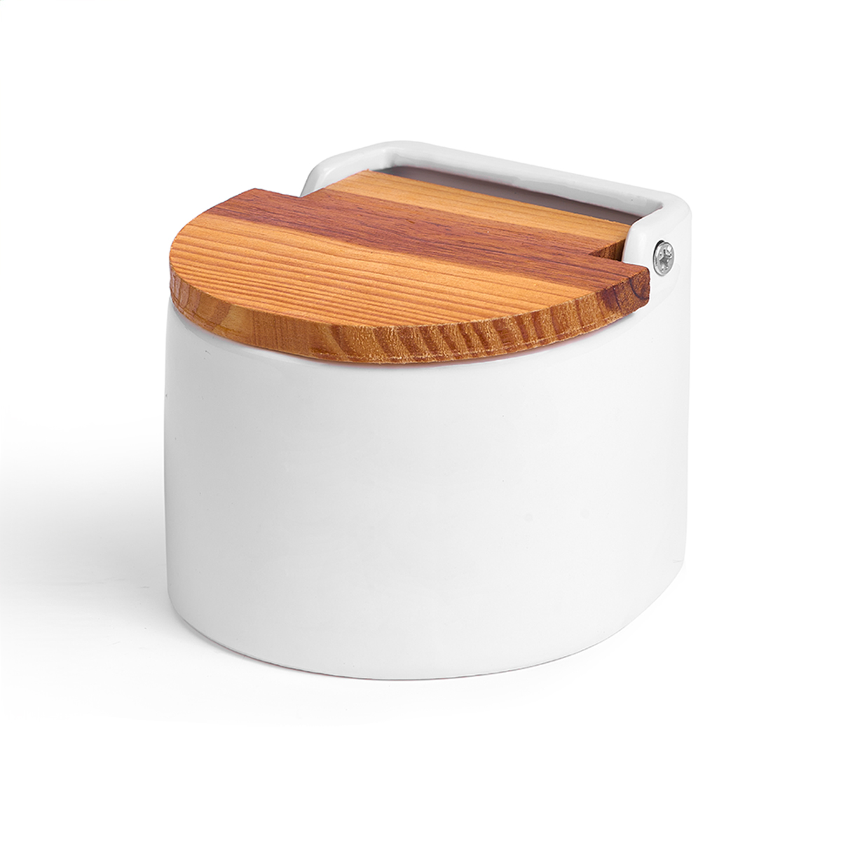 Saleiro Branco De Cer&acirc;mica Com Tampa Em Madeira