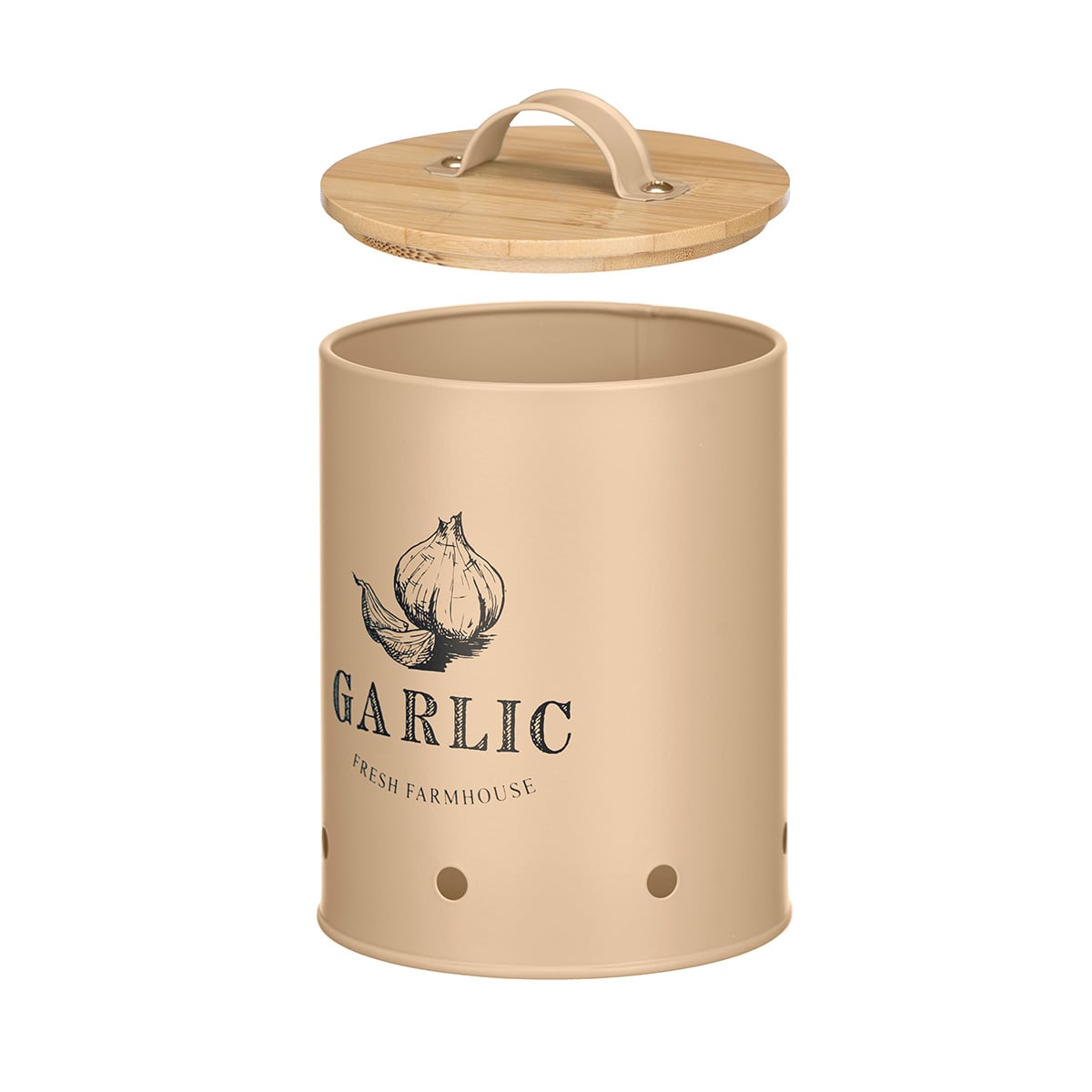 Lata para ajos beige de metal con tapa de bamb&uacute;