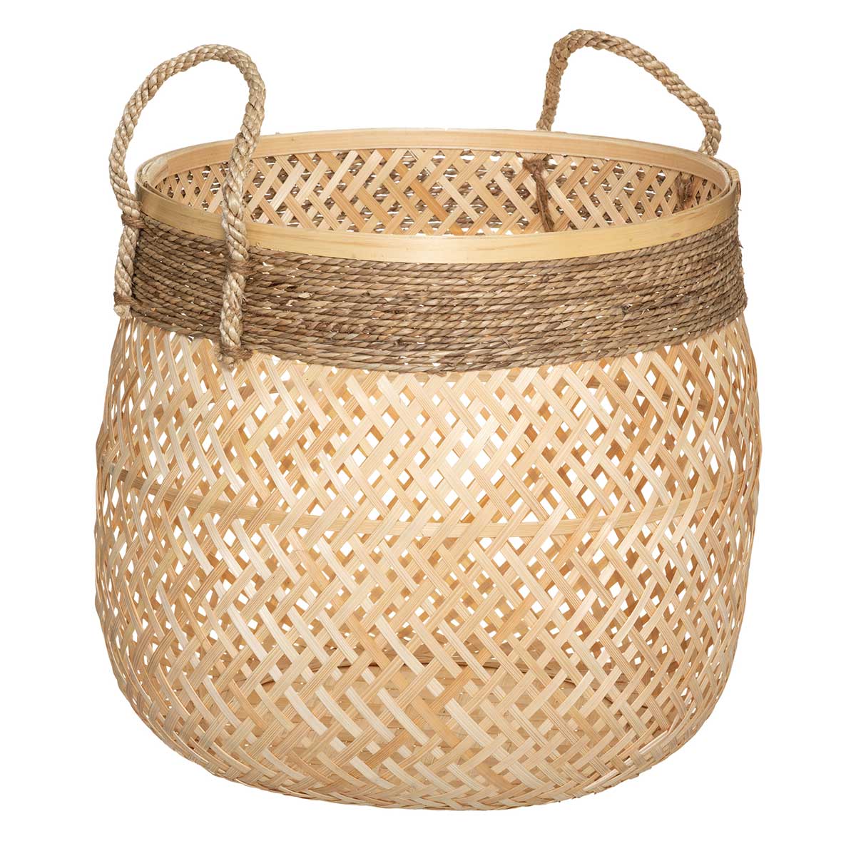Cesto Redondo Bege Em Bambu 34x37cm