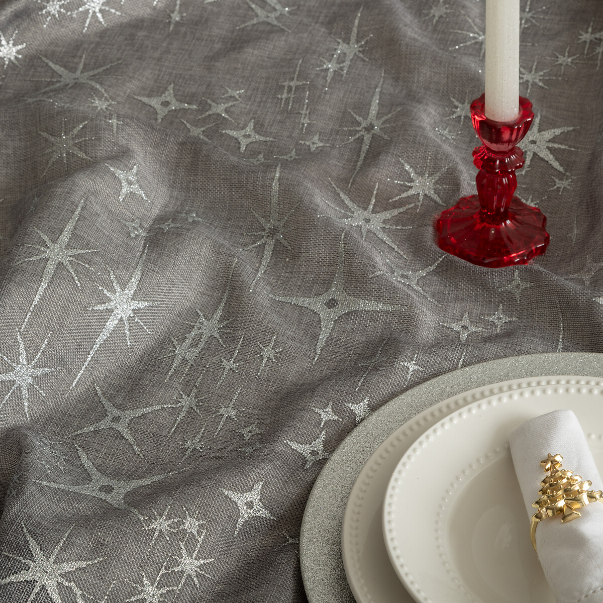 Toalha De Mesa Cinza Decorada Com Estrelas 140x240cm