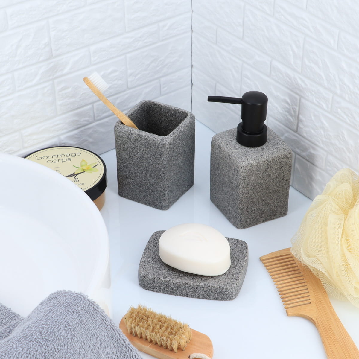 Jabonera De Ba&ntilde;o Gris Efecto Piedra
