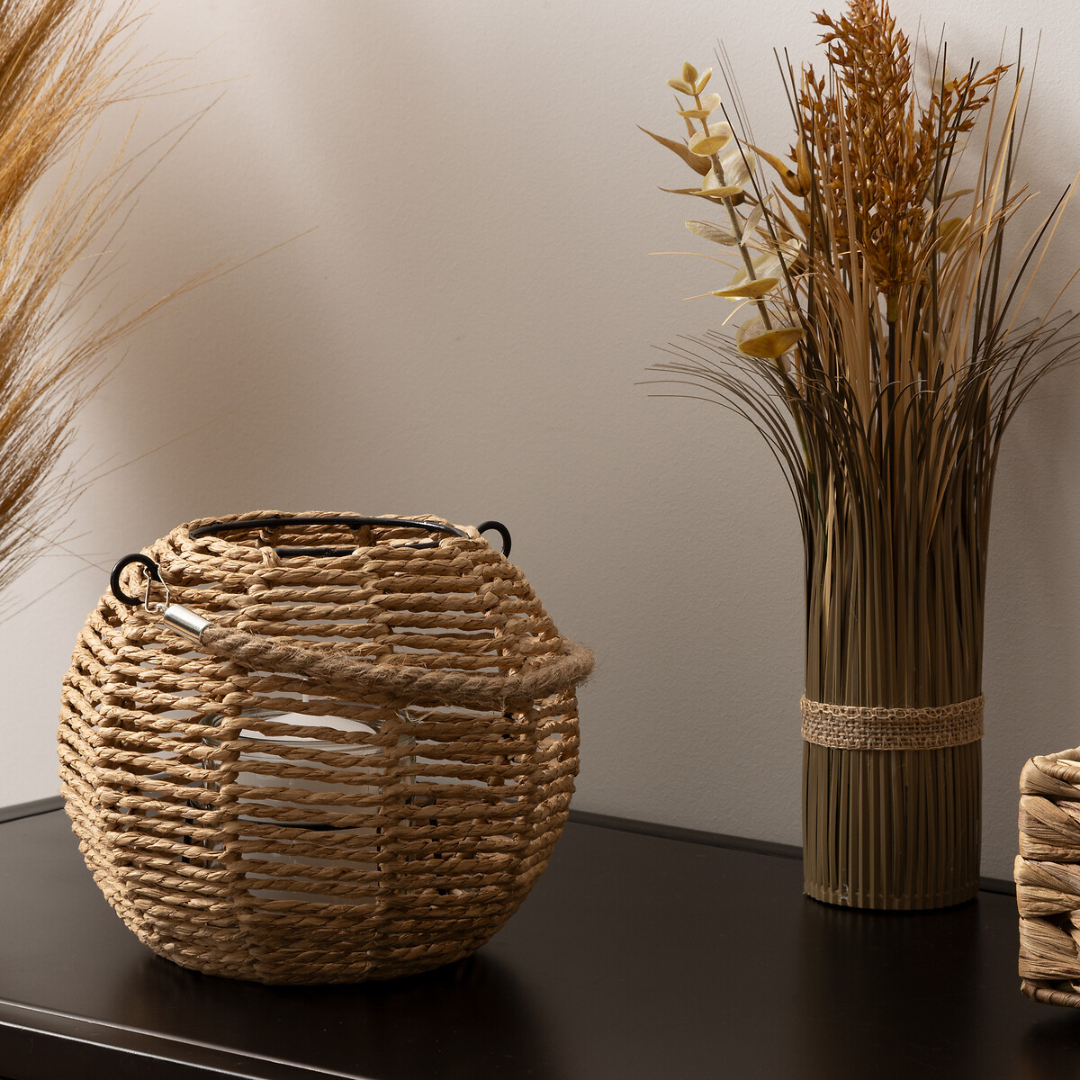 Farol De Rafia Beige Con Portavelas De Vidrio Maty