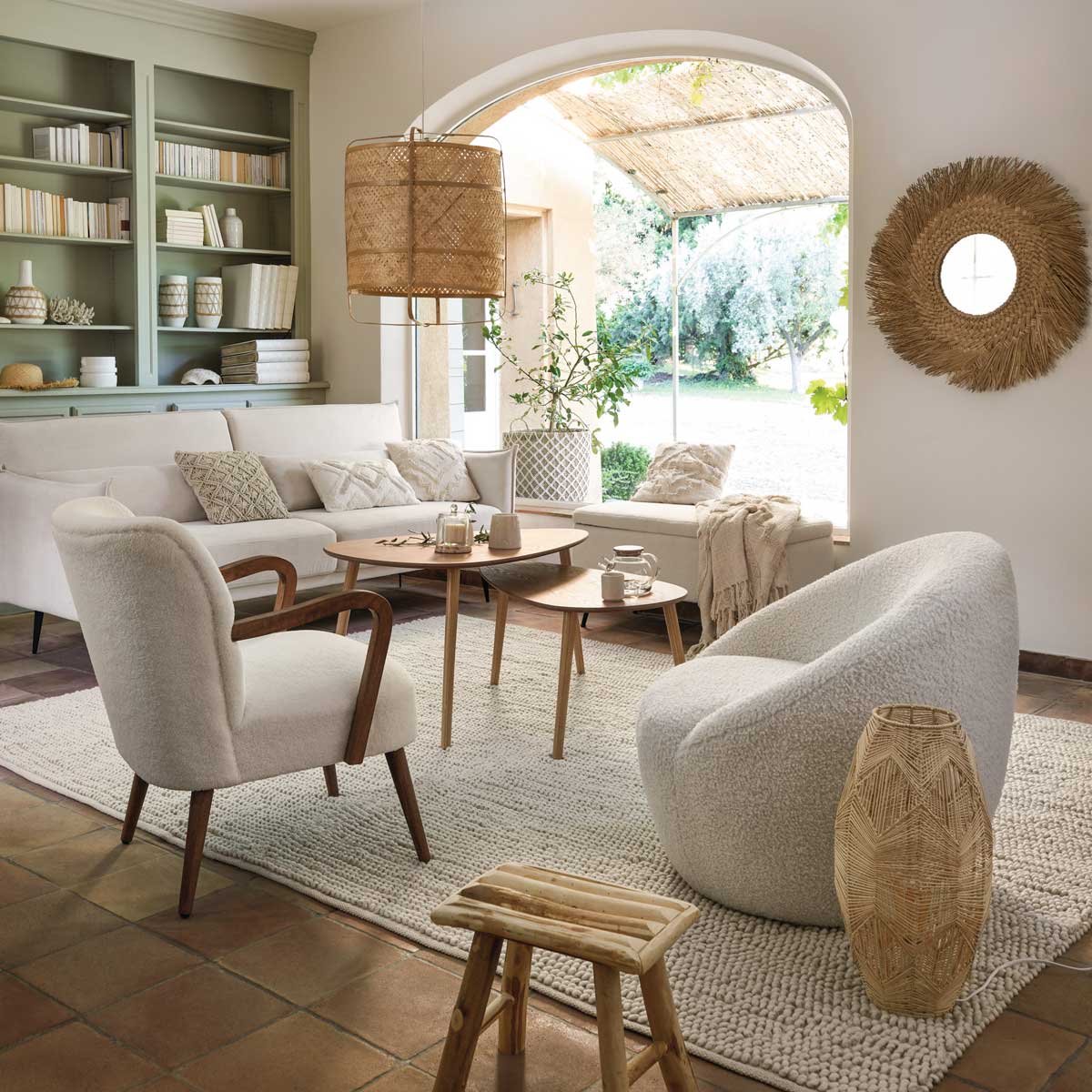 Espejo De Pared Redondo Ael Beige De Rafia 80Cm