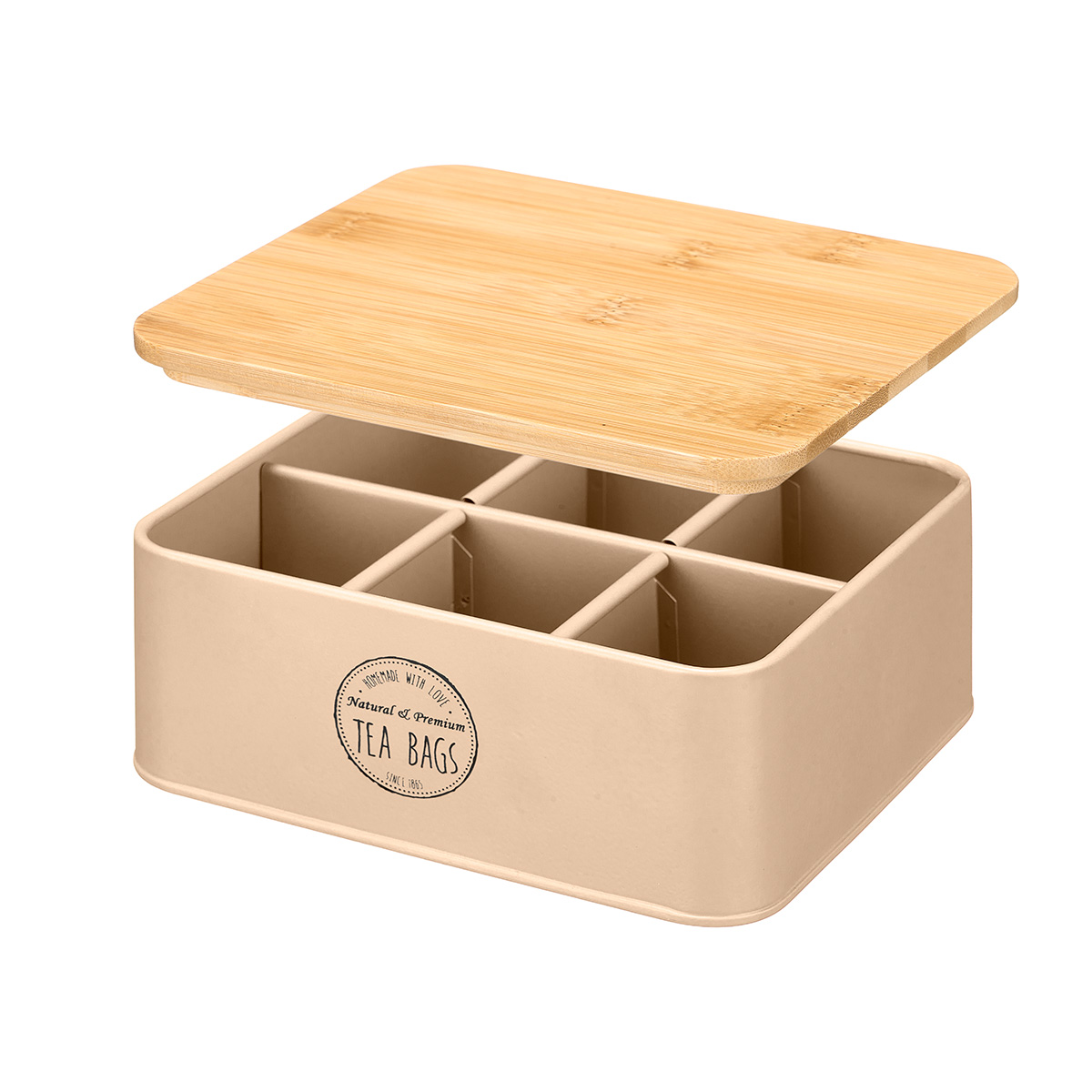 Caja para t&eacute; beige con tapa de bamb&uacute;