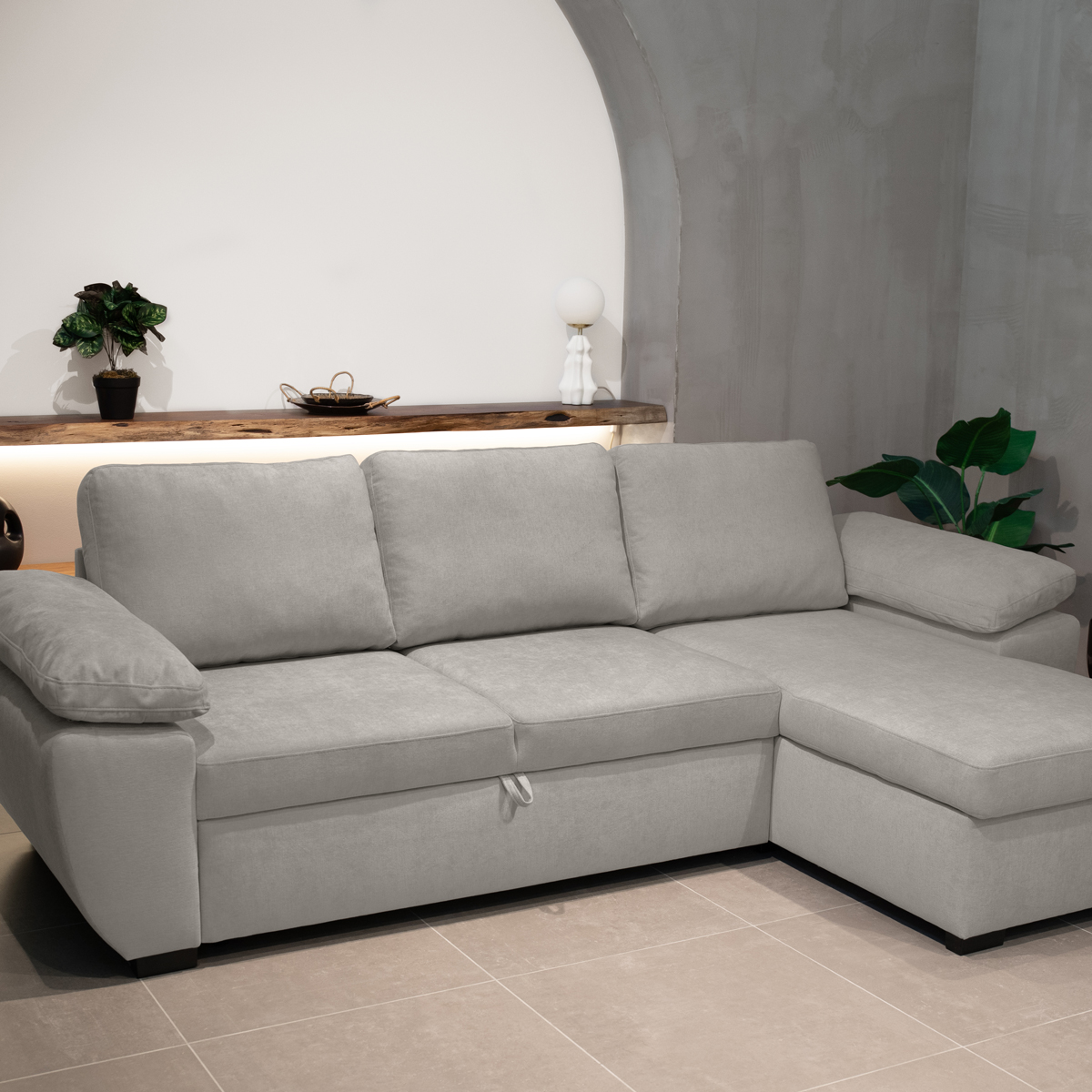 Sof&aacute; cama DRESDEN con arc&oacute;n y chaise longue beige