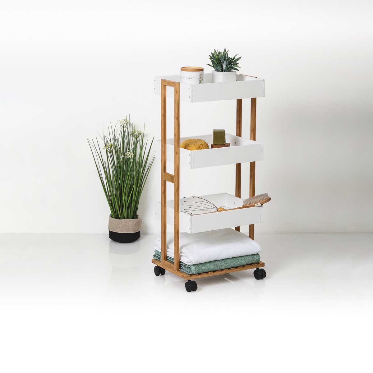 M&oacute;vel WC Branco Natureo Em Bambu E MDF Com Rodas