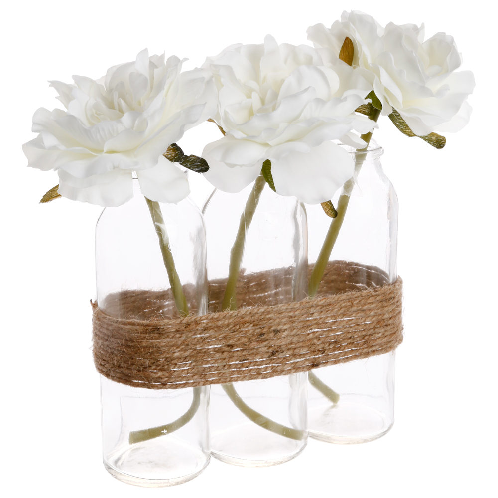 3 Floreros De Vidrio Con Rosas 22Cm