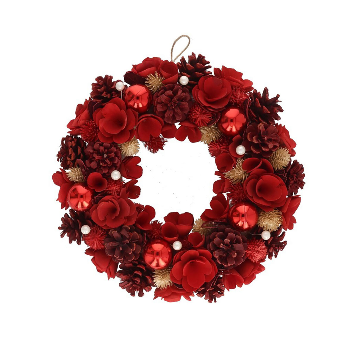 Corona roja con rosas y bolas de Navidad 35cm 