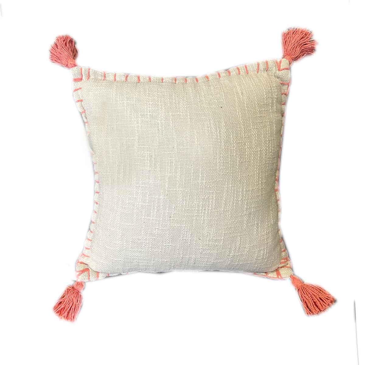 Coj&iacute;n crudo con borlas rosa 40x40cm