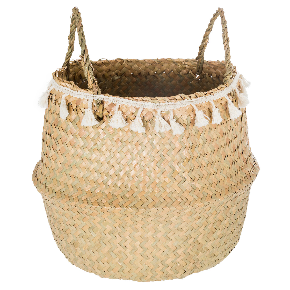 Cesto Seagrass Natural Com Pompons E Pegas