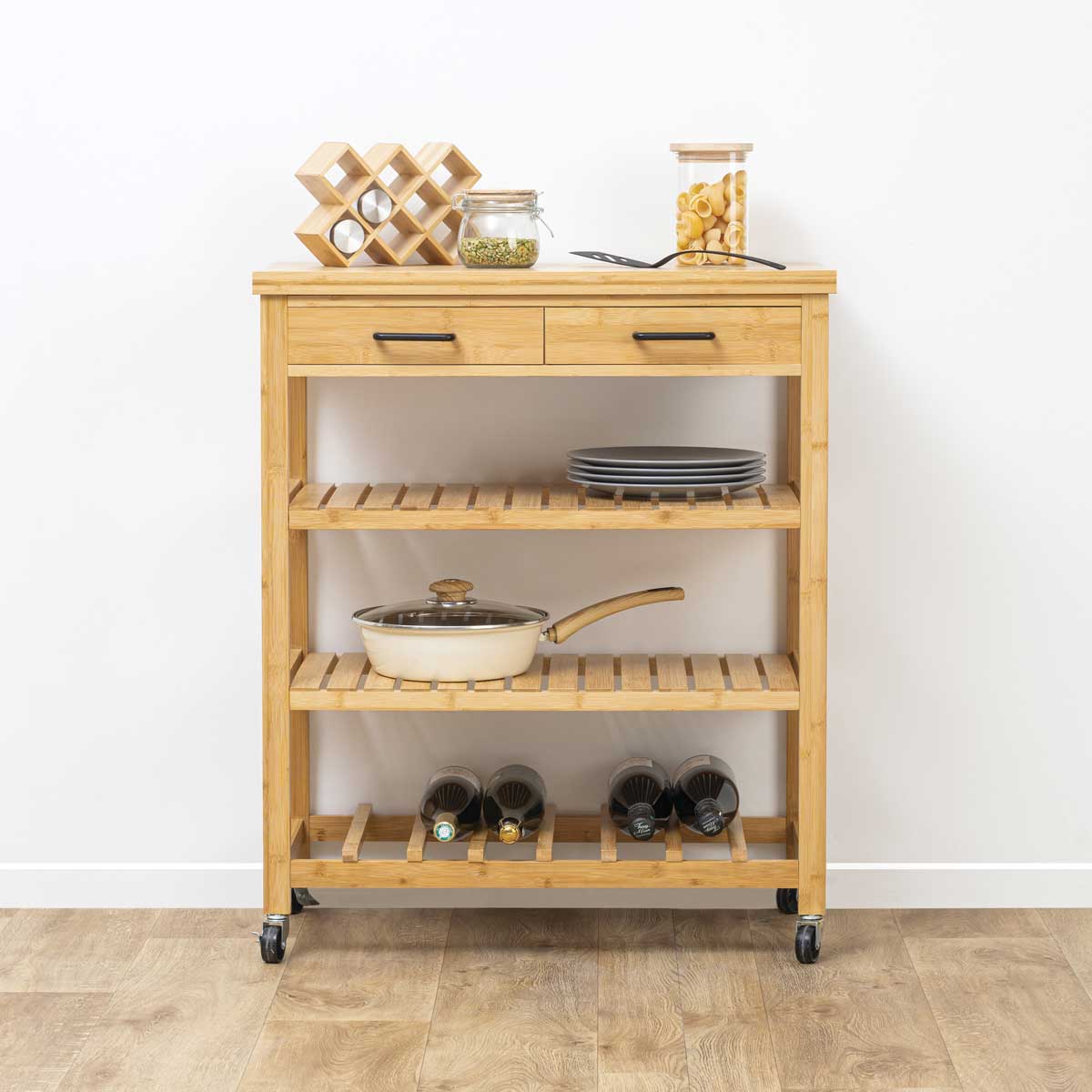 Carrito auxiliar de cocina de bambú c/3 estantes