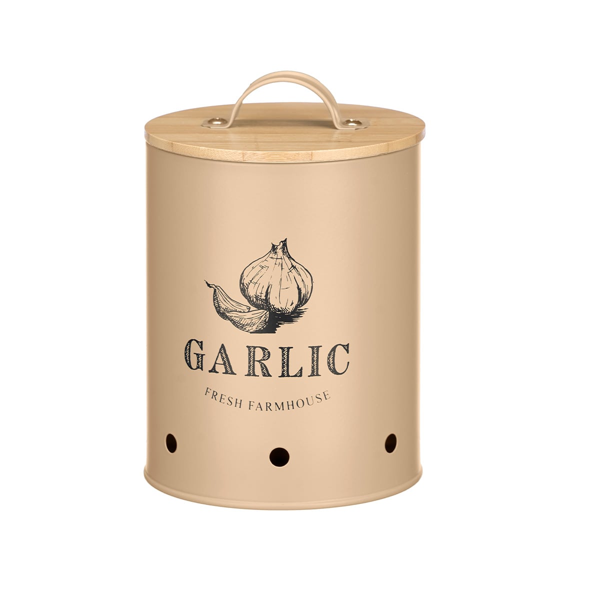 Lata para ajos beige de metal con tapa de bamb&uacute;