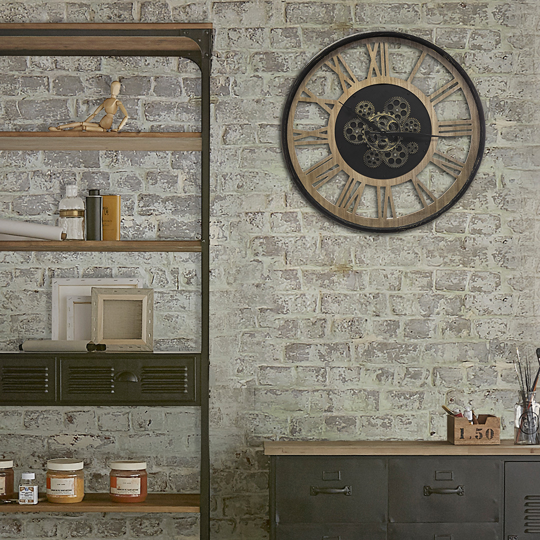 Reloj Pared Negro De Metal Y Madera 57Cm