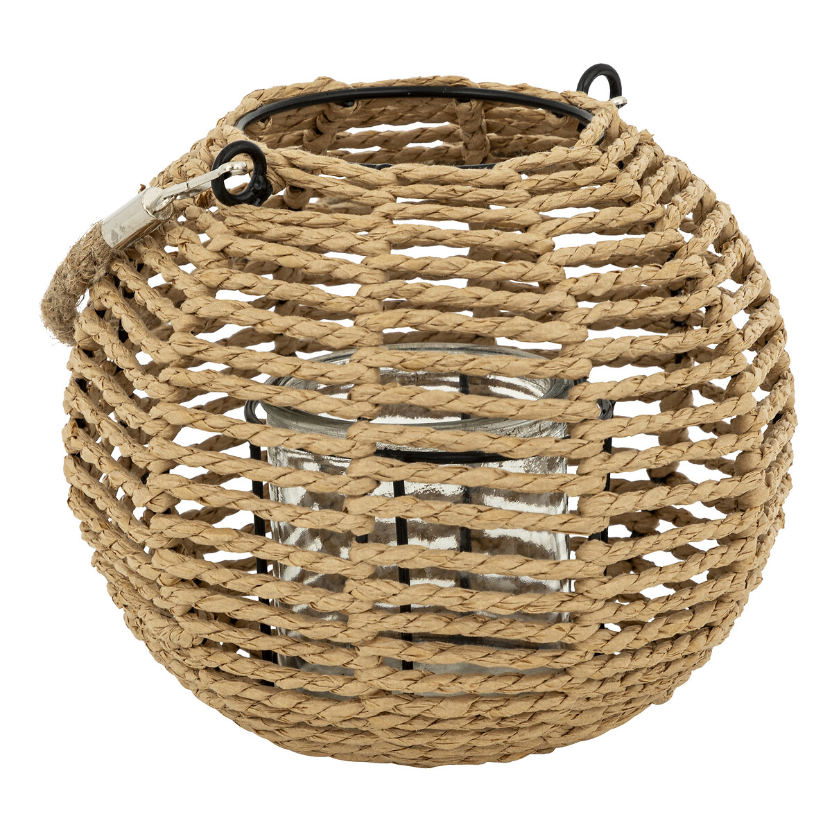 Farol De Rafia Beige Con Portavelas De Vidrio Maty