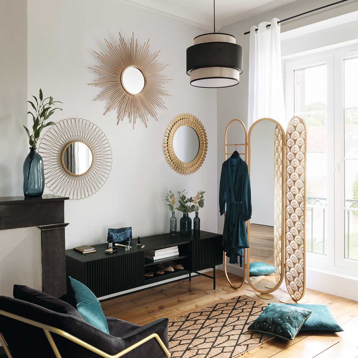 Espejo decorativo SOL marrón de metal 