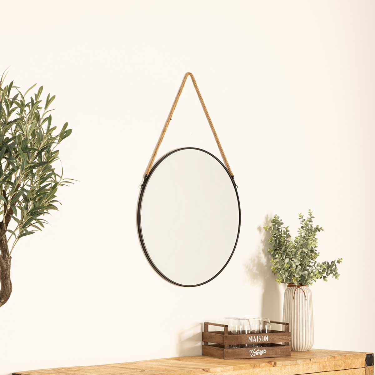 Espejo de pared ETNIC redondo negro con cuerda