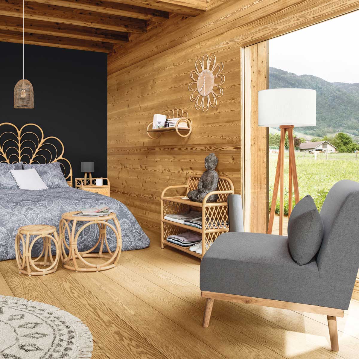 Candeeiro De Ch&atilde;o Molu Em Madeira Pinho Com Abajur Branco