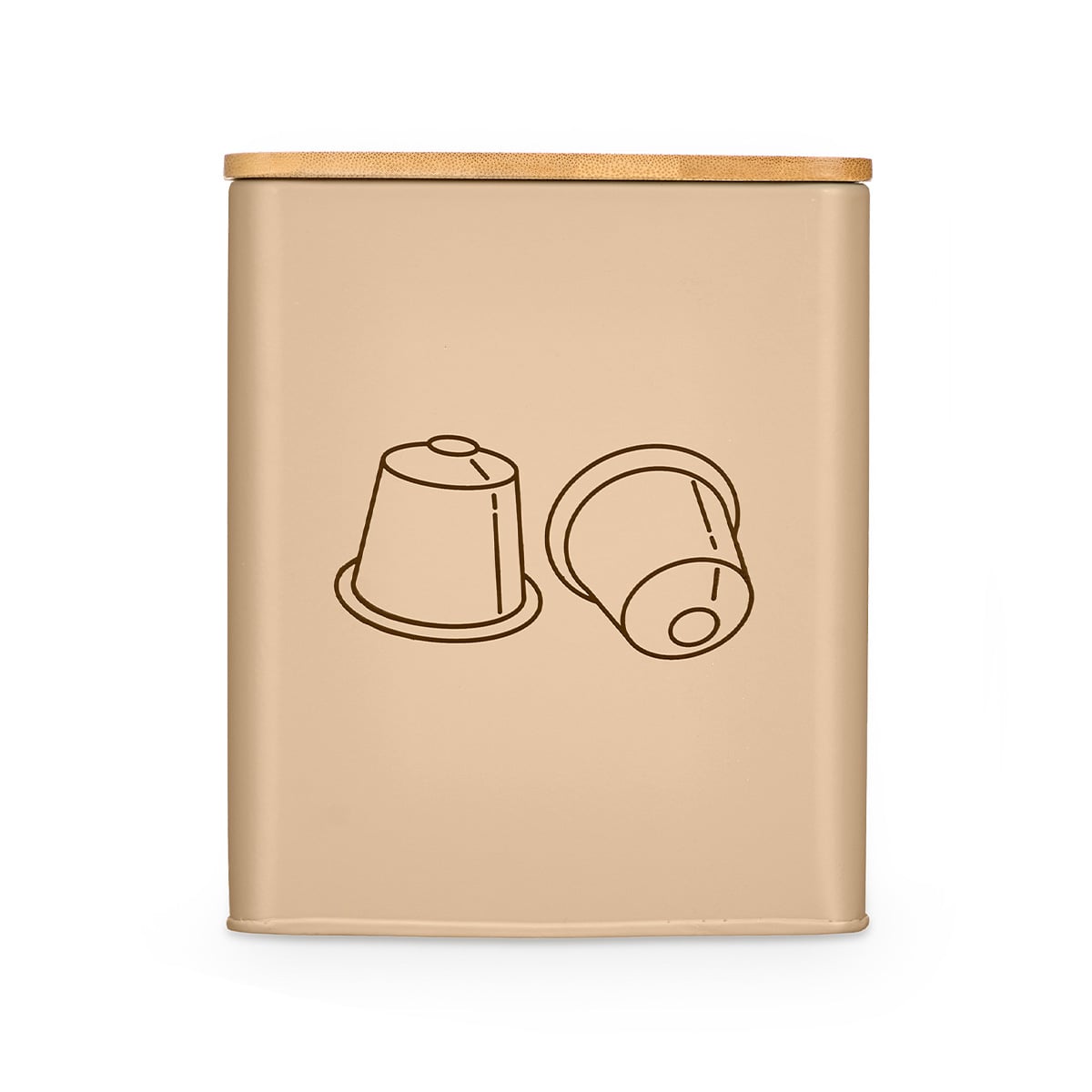 Lata para c&aacute;psulas de caf&eacute; beige con tapa de bamb&uacute;