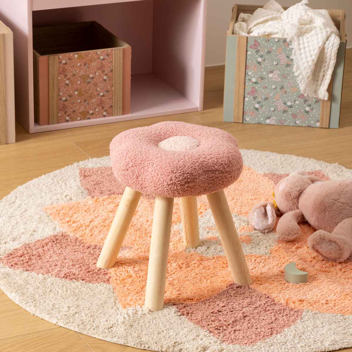 Taburete de felpa rosa forma de flor WILD FOREST