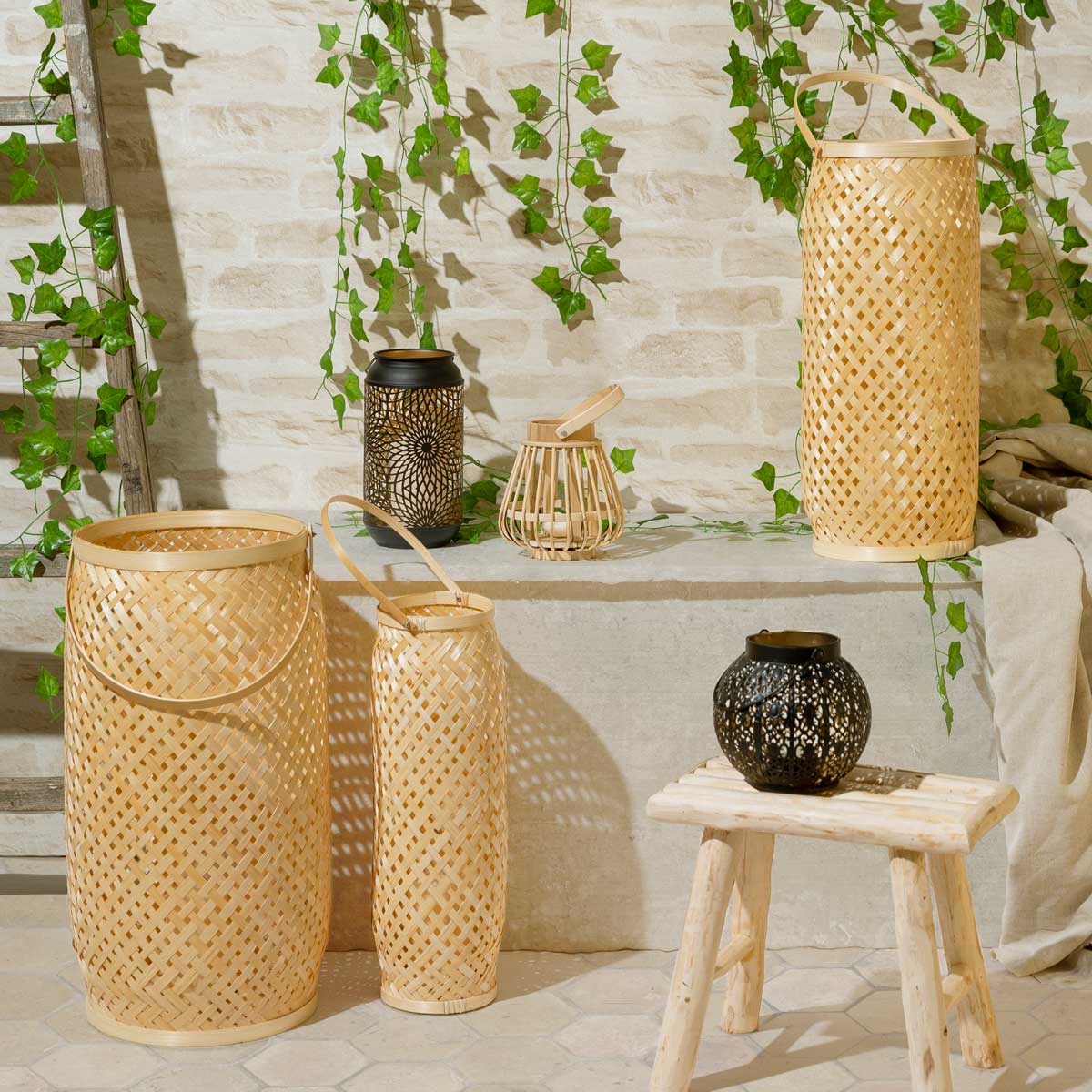 Lanterna Natural Cross Em Bambu 52cm