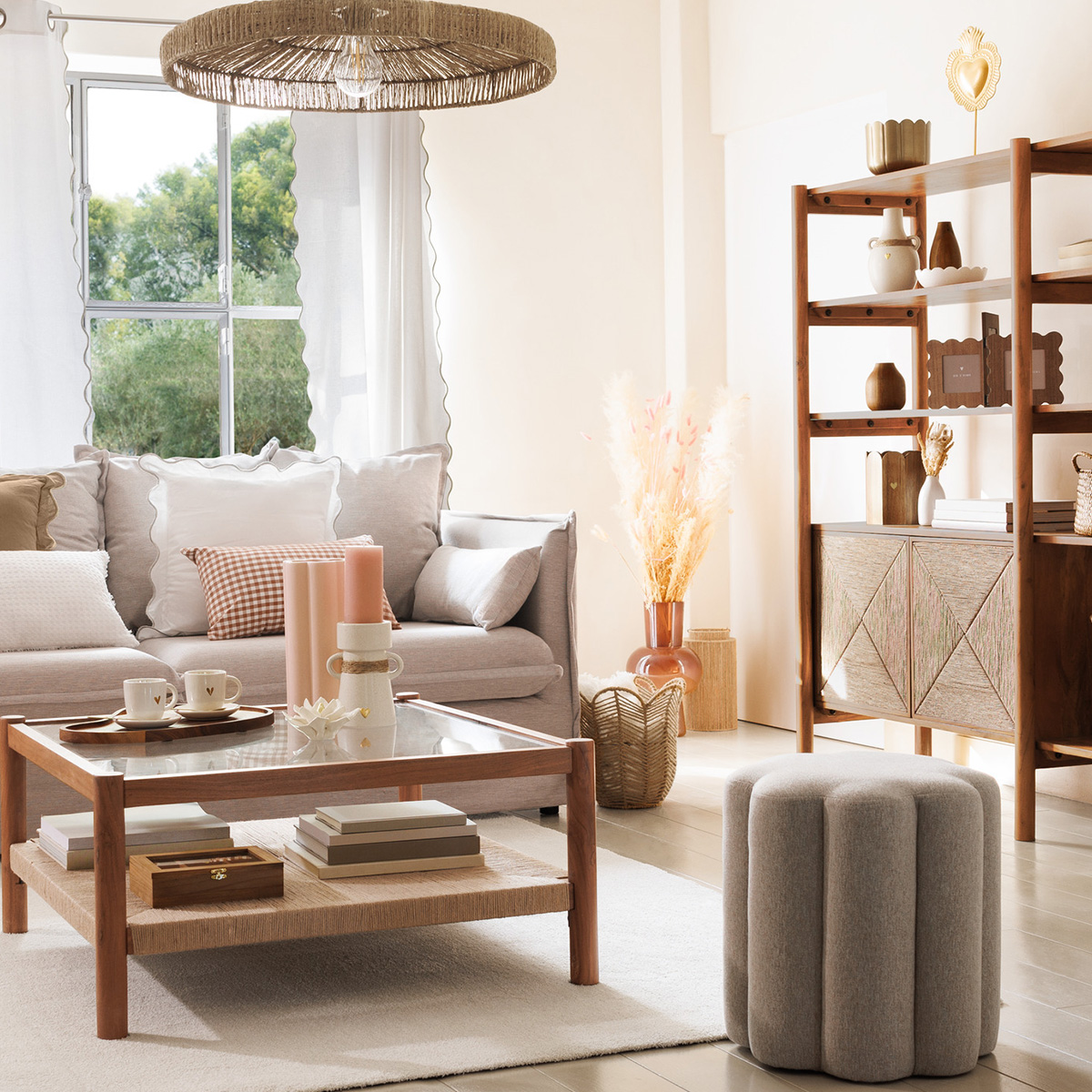 Pufe Floral Tecido Bege 40cm