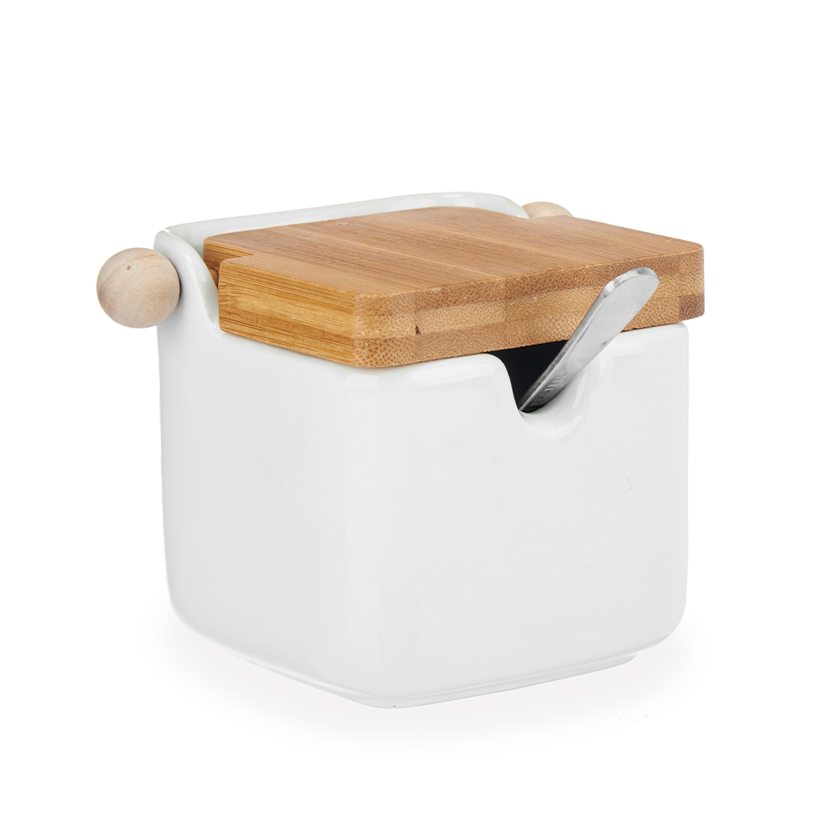 A&ccedil;ucareiro Branco Em Cer&acirc;mica Com Tampa Em Bambu 190ml