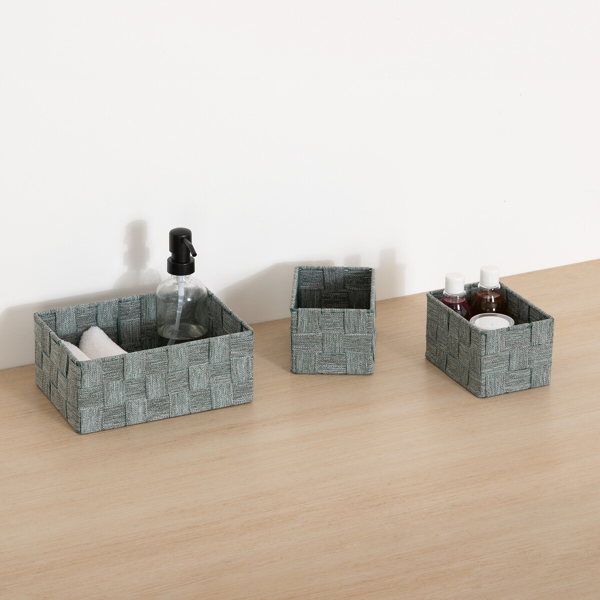 Juego de 3 cestas verde de poli&eacute;ster