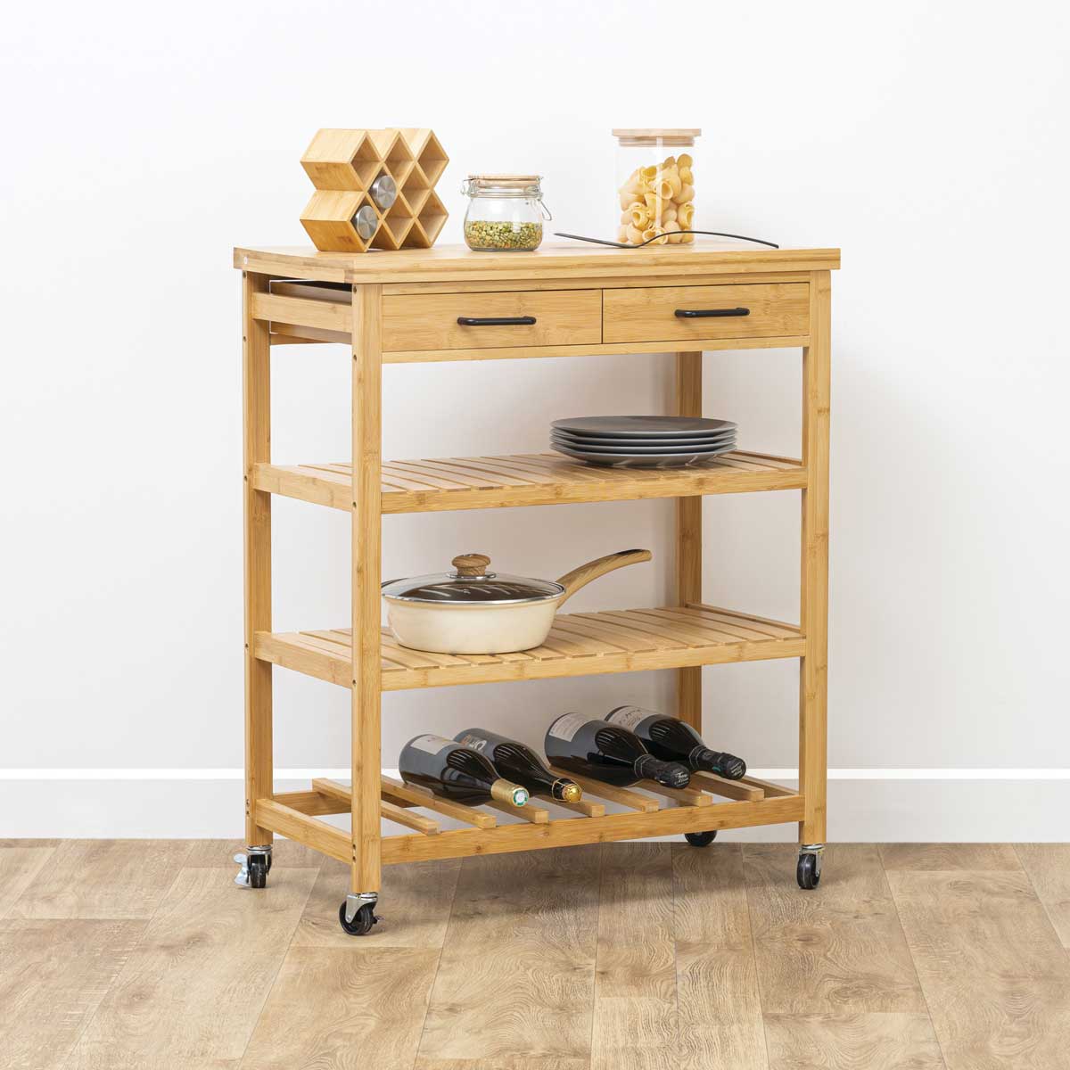 Carrito auxiliar de cocina de bamb&uacute; c/3 estantes