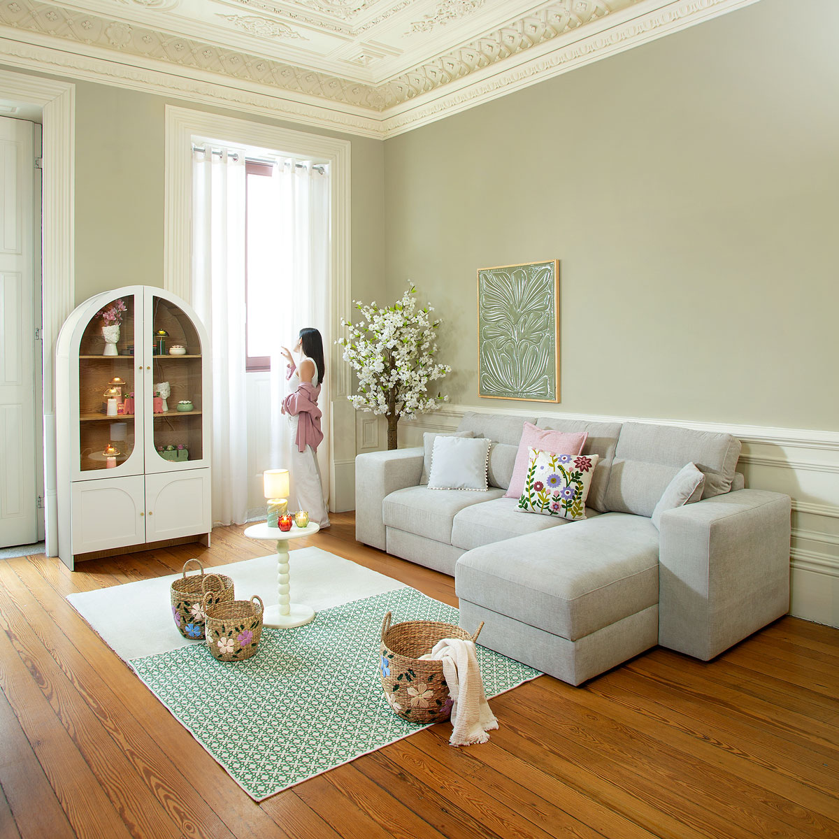 Sof&aacute; cama con chaise longue TRENTO beige