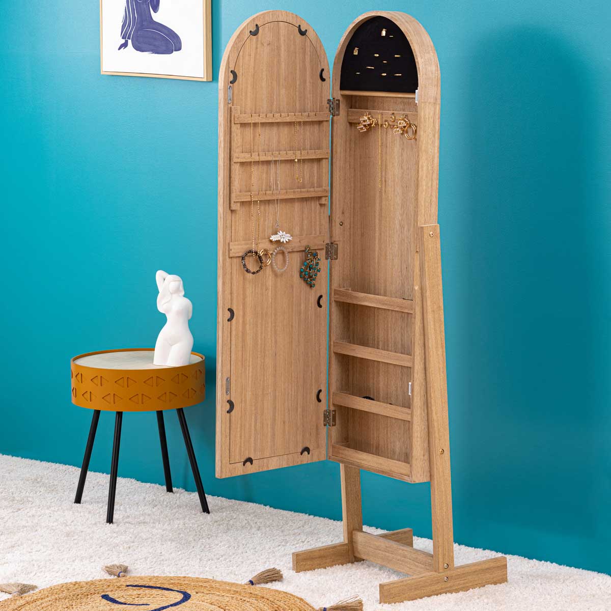 Espejo De Pie Beige Con Joyero