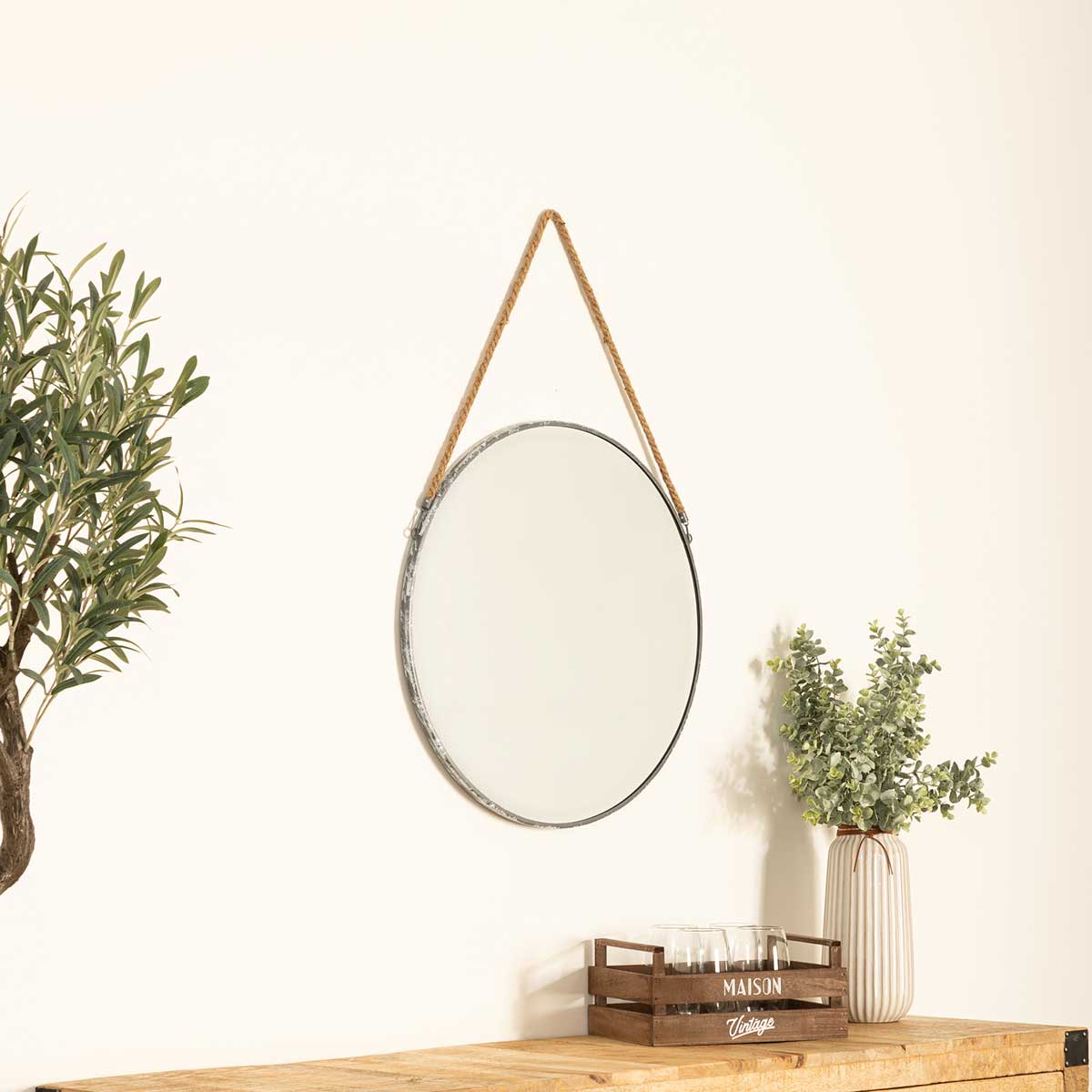 Espejo De Pared Metal Gris C/Cuerda 55Cm