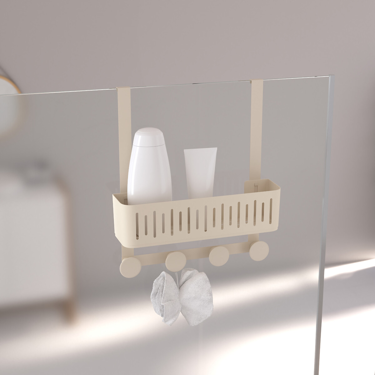 Soporte para ducha beige met&aacute;lico con 4 ganchos