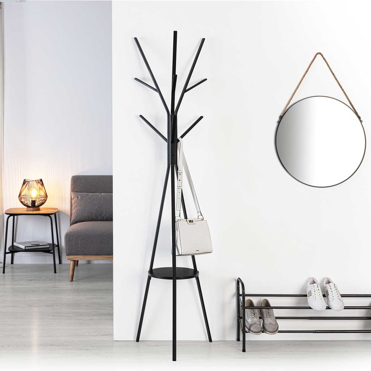 Cabide de Pé Preto com 8 Ganchos