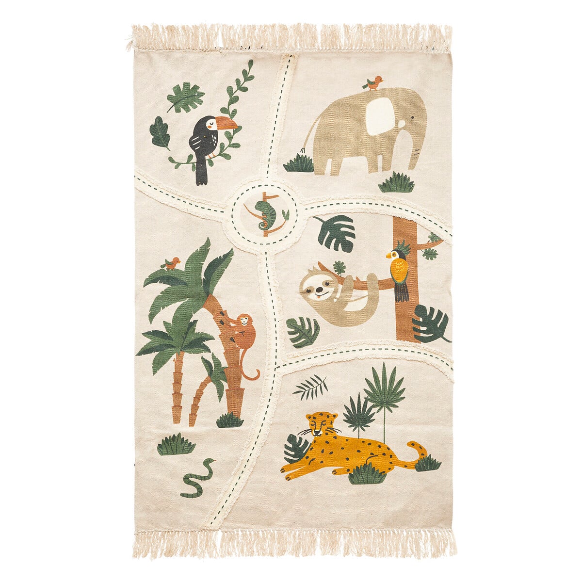 Tapete Jungle Animais Cru Com Franjas 100x150cm
