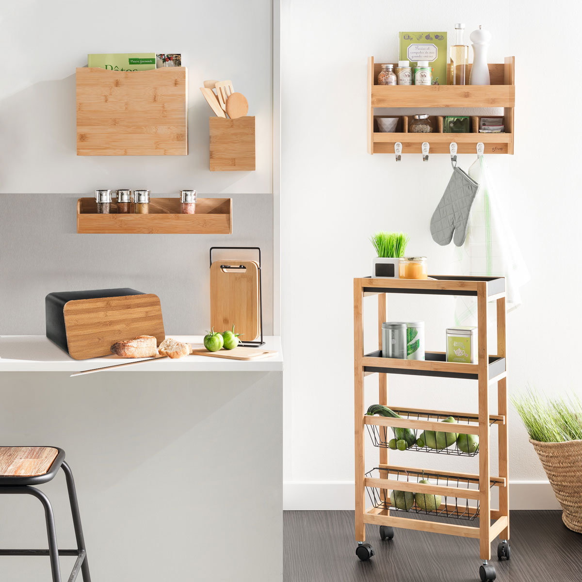 Carrito multiusos de bambú c/2 bandejas y 2 cestas