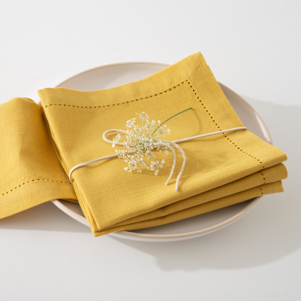 Conjunto De 4 Guardanapos Chambray Ocre Em Algod&atilde;o