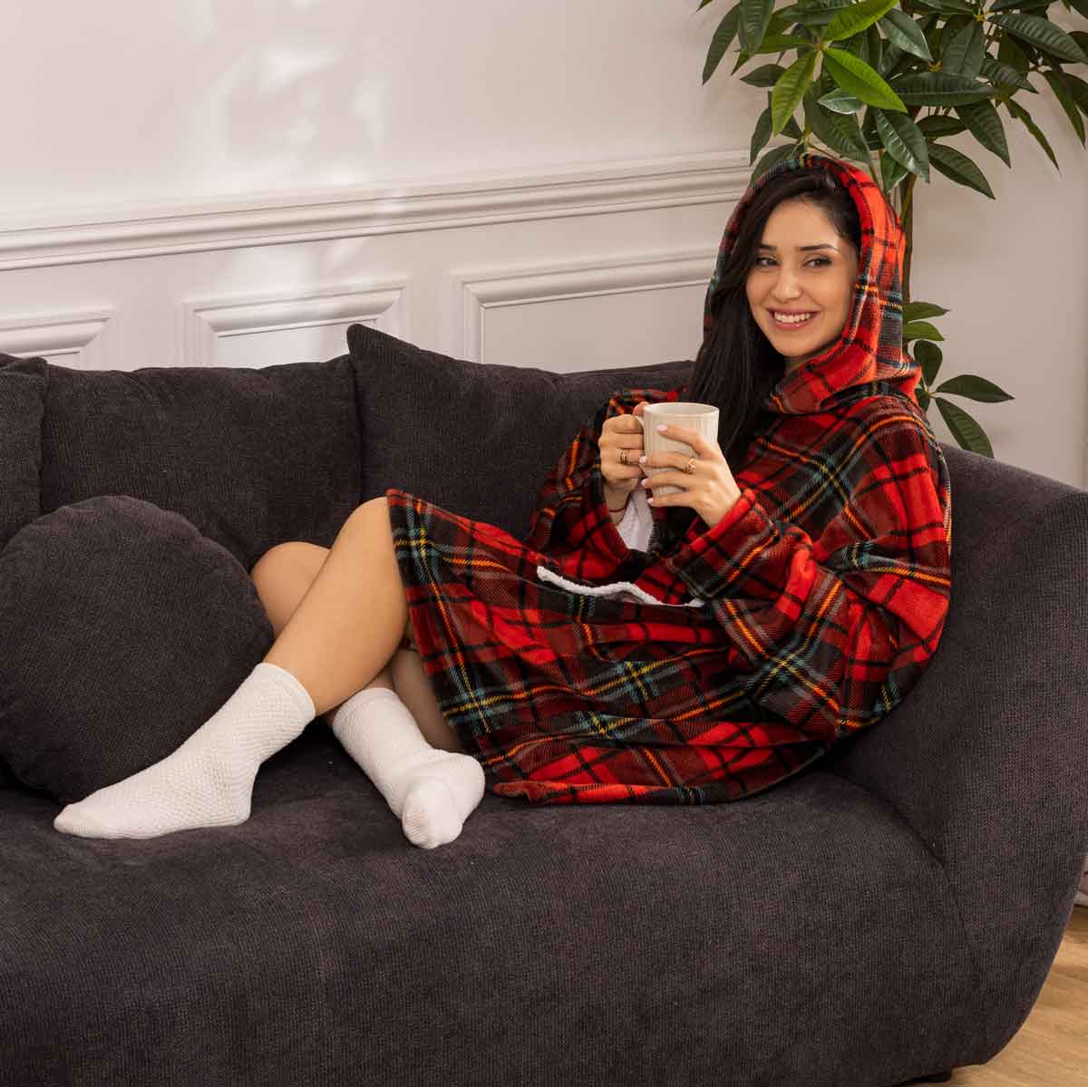 Manta Camisola Com Capuz Tartan Vermelho