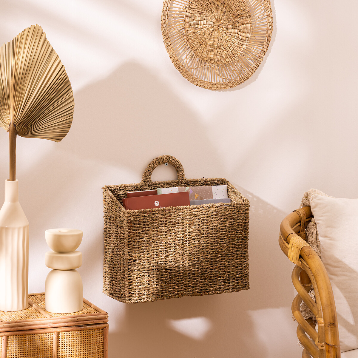 Cesta Cora Beige De Rafia Para Colgar