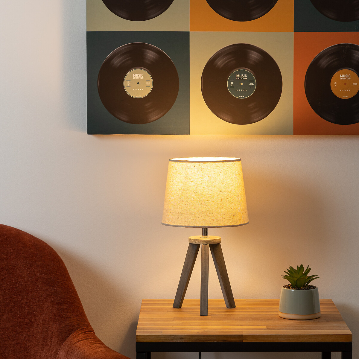 Lámpara De Mesa Lino Trípode De Madera Pino