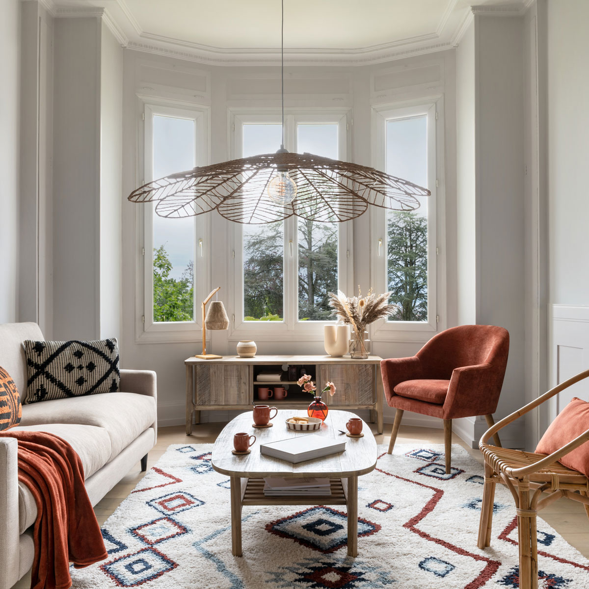 Candeeiro De Teto Folk Bege Em Corda 98cm