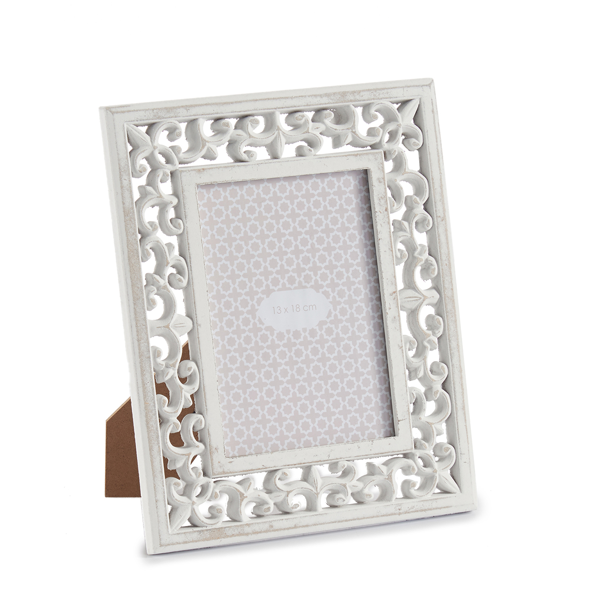 Portarretrato tallado blanco de madera 13x18cm