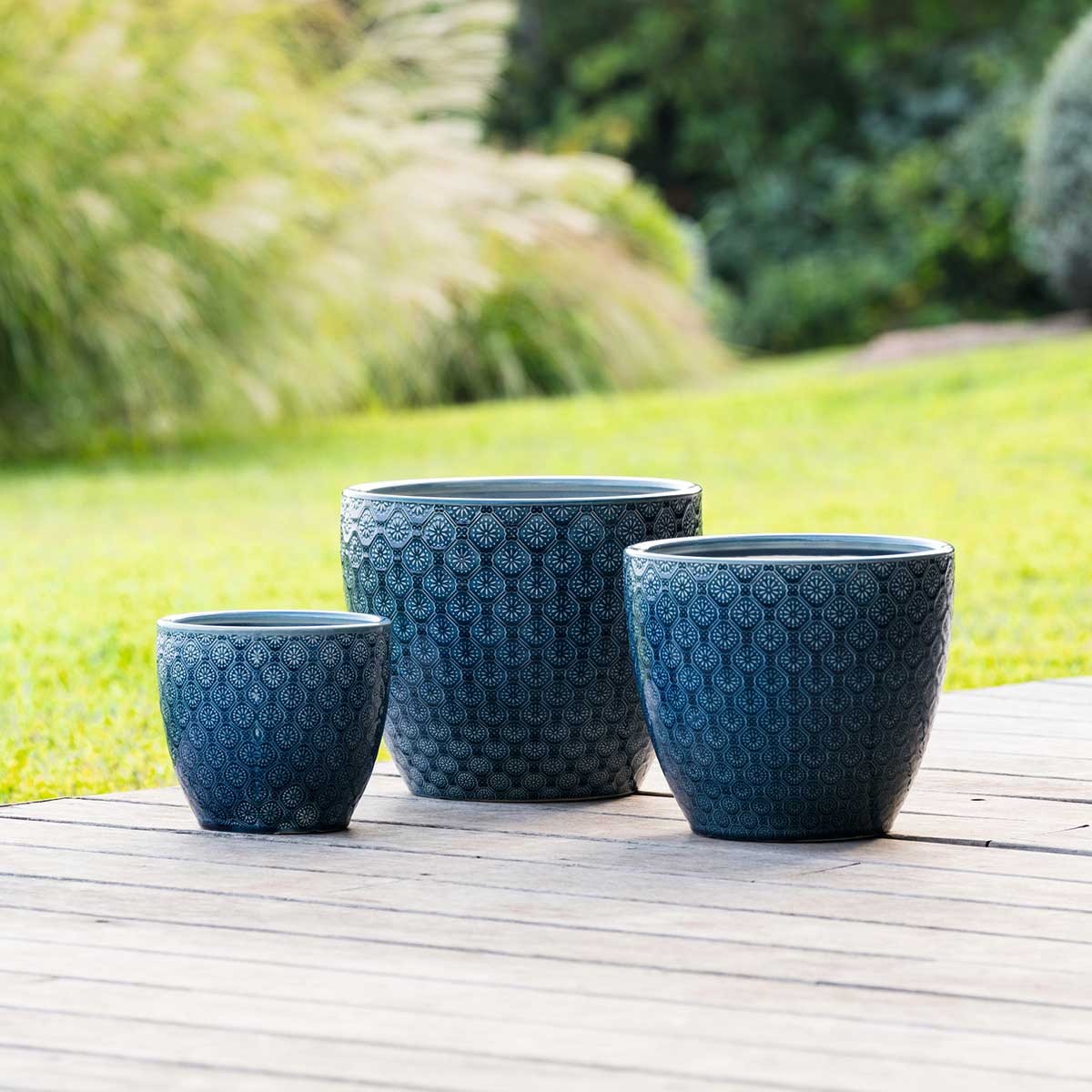 Maceta De Cer&aacute;mica Flor Azul 30x25Cm