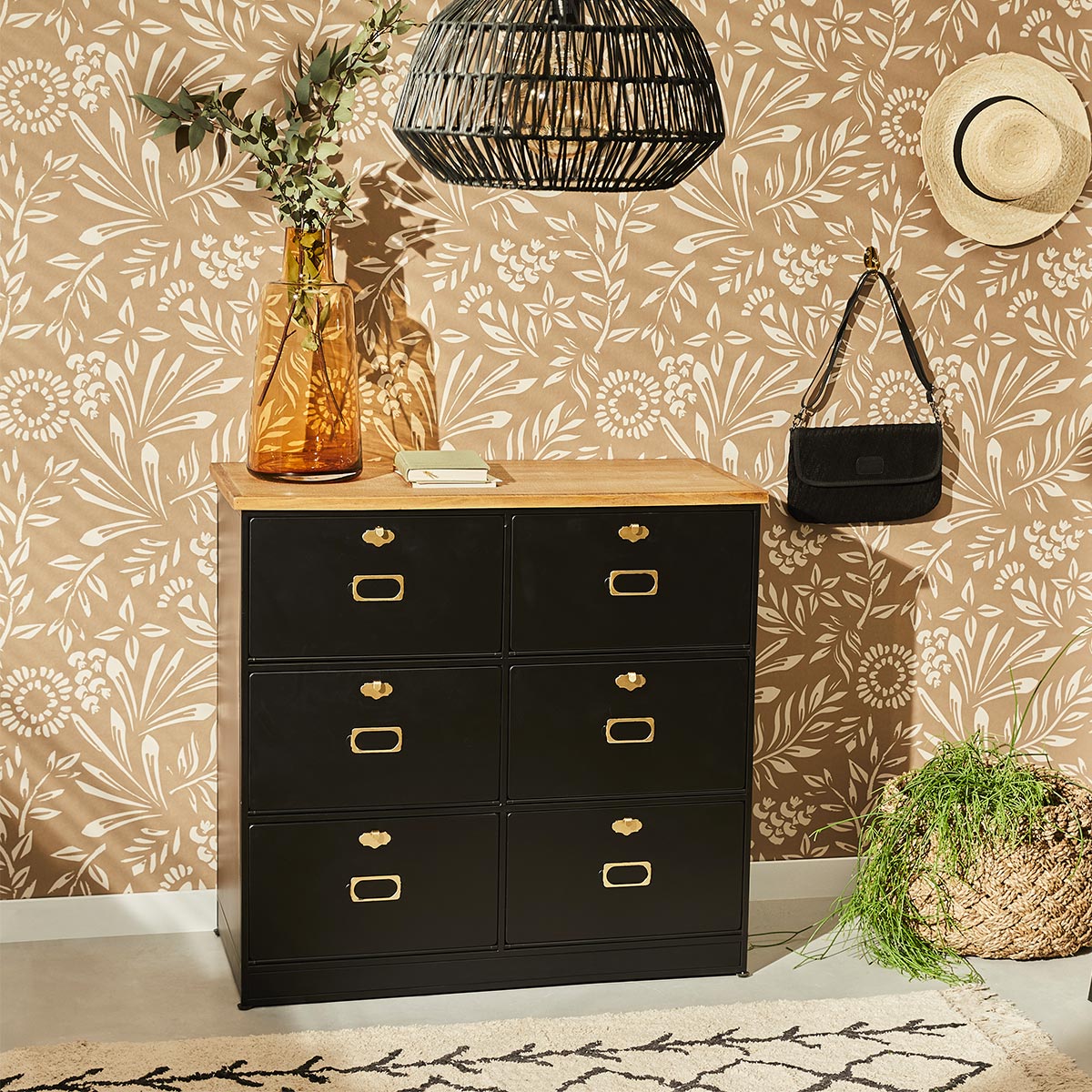 Cómoda Ivan Negra Con 6 Cajones