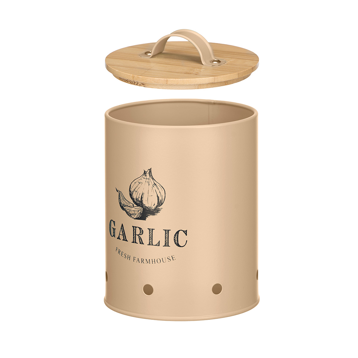 Lata para ajos beige de metal con tapa de bamb&uacute;