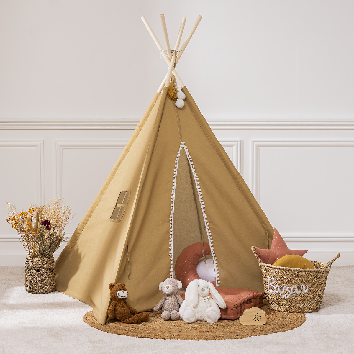 Tienda Tipi Ocre Pompones 120x120x160Cm
